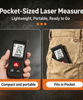 Heavy Duty Digital Laser Distance Meter 131 Ft Measuring Tool With Glowing Backlit Lcd Screen held in hand and fitting in pocket.