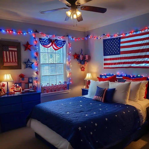 Patriotic 200 LED Red White Blue String Lights Indoor Outdoor 75.8 Ft Extendable Green Wire Waterproof Mini Lights in bedroom decor