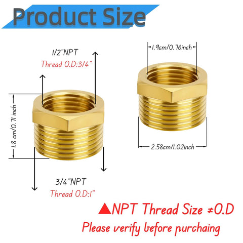 Brass NPT reducer hex bushings, 3/4 in male to 1/2 in female, heavy-duty pipe fittings, two gold-tone adapters