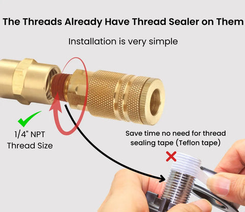 Pro Grade Industrial Type D 14 Piece Quick Connect Air Fittings Kit 1/4 Inch NPT Solid Brass With Sealant installation detail