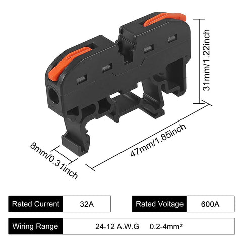 20 Pcs DIN Rail Terminal Blocks For Electrical Control Panels, Compact Wire Connectors, dimensions labeled in diagram