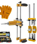 Battle Tested Door Lock Hole Opener Kit And Precision Mortising Jig For Wooden Doors Hardware Installation with gloves and toolbox.