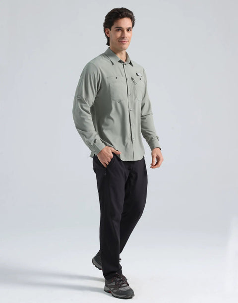 Men's Long Sleeve Sun Protection Shirt Built For Fishing Trips And Outdoor Adventures With UPF 50 Plus Quick Dry Mesh Fabric Button Down SPF Shirt For Hiking Camping Safari Gray Green, front view
