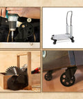 All-black metal swivel plate caster wheels, 3-inch, heavy-gauge steel, no brake; shown installed on dolly and furniture.