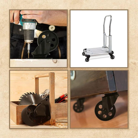 All-black metal swivel plate caster wheels, 3-inch, heavy-gauge steel, no brake; shown installed on dolly and furniture.
