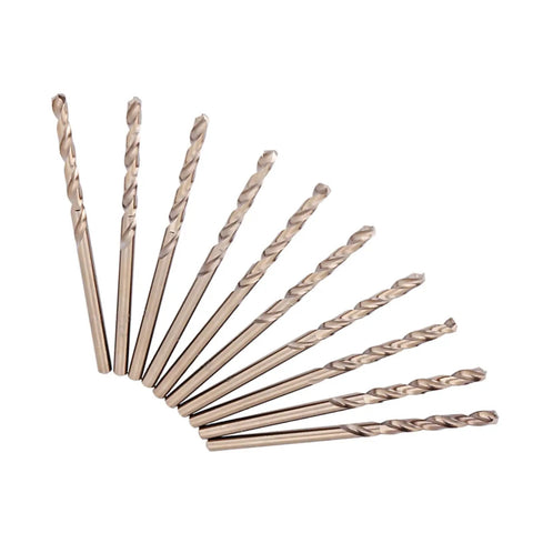 HSS M35 Cobalt Twist Drill Bits Set 4mm Pack Of 10 for Stainless Steel shown in fanned arrangement