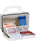 First Aid Only 6021 21-Piece body-fluid cleanup kit in white weatherproof plastic case; blue nitrile gloves visible.