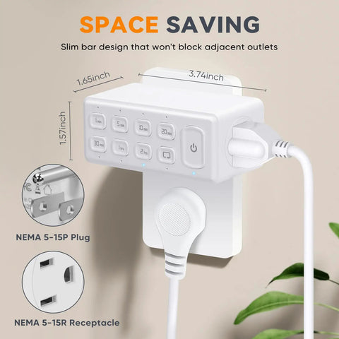 Two Pack Double Outlet Programmable Countdown Timer With Repeat Function And Dead Simple Controls Up To Four Hour Cycling for desk fans, slim design with buttons.