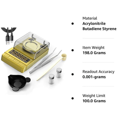 Gold Precision Milligram Scale 100G Capacity With 0.001G Readability, scale with accessories including calibration weight and USB cable