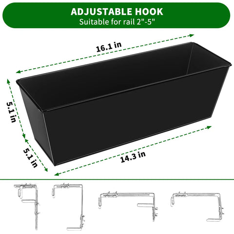 Railing Planter Set For Outdoor Plants 16 Inch Metal Rectangular Window Boxes With Adjustable Brackets And Drainage Hanging Pots For Balcony Deck Railings Apartment Patio Decor Black 4 Pack, shown with adjustable hook for different rail sizes.