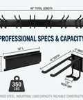 Diagram of Heavy Duty 48 Inch Garage Tool Organizer Wall Mount Rack Holds Up To 350 Lbs with measurements and hooks