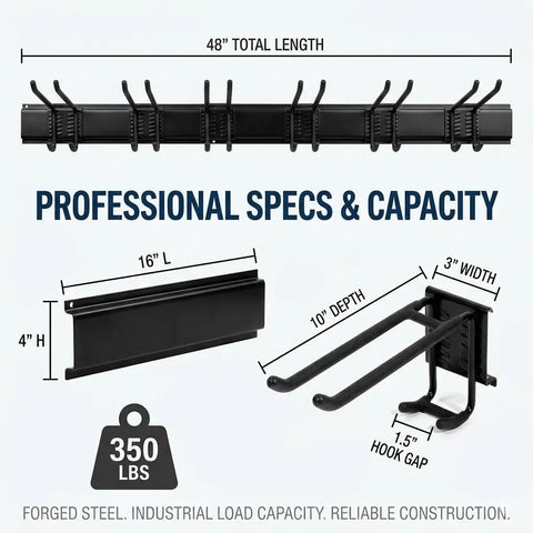 Diagram of Heavy Duty 48 Inch Garage Tool Organizer Wall Mount Rack Holds Up To 350 Lbs with measurements and hooks