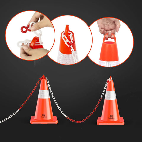 18 Inch Orange Traffic Cones 6 Pack With Handle, Reflective 360 Degree Collar, linked by chain for road safety