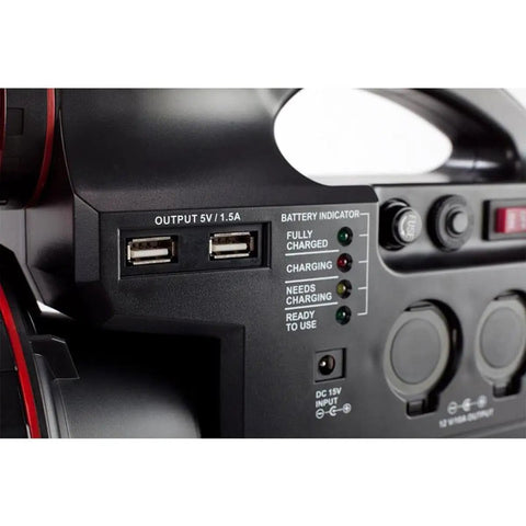 Close-up of PowerTank 12V Telescope Battery Pack Off Grid Ready with USB ports and charging indicators.