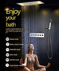 Top Shelf Thermostatic LED Shower System With Ceiling Mounted Rain Showerhead And Solid Brass Handheld Sprayer Plus Anti Scald Multi Function Bathroom Faucet Set That Runs Smooth Without Skipping A Beat with various spray modes.
