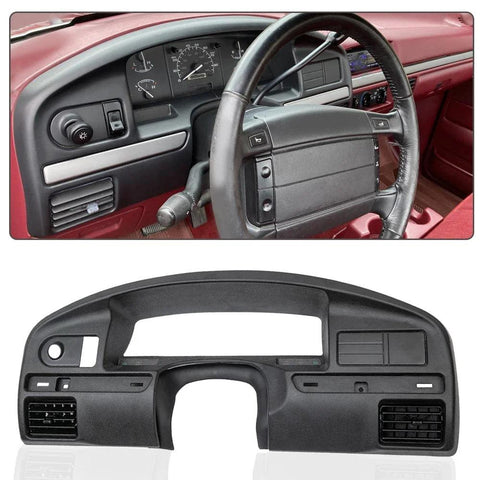 Installed view of G-PLUS Ford dash bezel for 1992–1997 F-Series; ABS black dashboard cover.
Uninstalled dash bezel for Ford F-Series 1992–1997; black ABS plastic with vent openings.