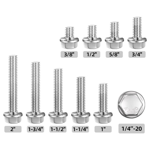 Front view: 25-pack stainless steel 1/4-20 x 1 in flanged hex bolts with washer heads, plain finish, full thread.