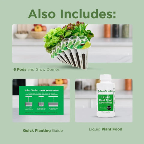 Harvest Elite Indoor Garden Hydroponic System With LED Grow Light And Seed Kit accessories including pods, guide, and plant food