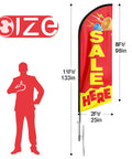 Red Sale Here Feather Flag Swooper with flagpole kit and ground stake, 11 ft tall, shown next to silhouette demonstrating size.
