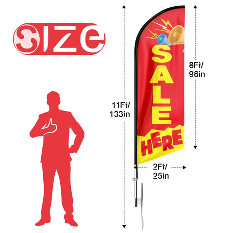 Red Sale Here Feather Flag Swooper with flagpole kit and ground stake, 11 ft tall, shown next to silhouette demonstrating size.