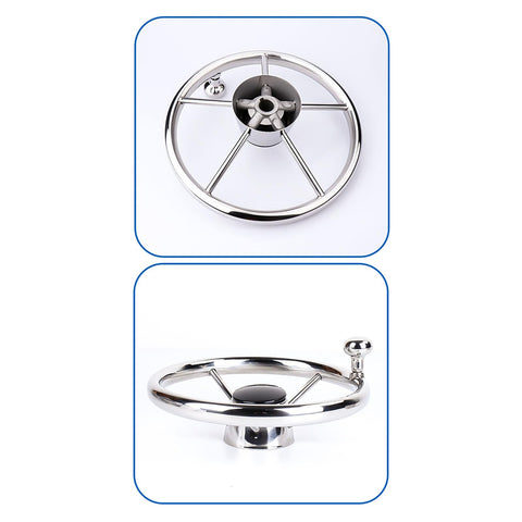 Top view and side view of Thirteen Point Five Inch Boat Stainless Steel Hydraulic Steering Helm For Standard Systems No Fuss Toolless Install.