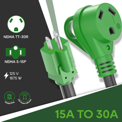 30 Amp To 110 Volt RV Adapter Cord 12 Inch NEMA TT30R To NEMA 5 15P Power Converter With LED Indicator ETL Listed Green