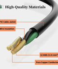 Heavy Duty 12 Gauge Outdoor Extension Cord 10ft With Lighted End 15A 1875W Black, cutaway showing PVC jacket and copper conductor