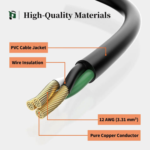 Heavy Duty 12 Gauge Outdoor Extension Cord 10ft With Lighted End 15A 1875W Black, cutaway showing PVC jacket and copper conductor