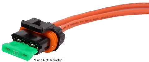 Waterproof Blade Style ATO ATC Fuse Holder With Cover For Auto And Marine Use, 30 Amp Rating, shown with 8 Inch 12 Gauge Leads