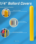 Hella Tough Black Bollard Cover For Six Inch Steel Pipe 52 Inch Tall Dome Top showcased in vibrant yellow with installation details.