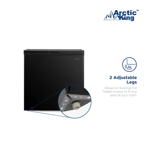 Top Shelf 7.0 Cu Ft Chest Freezer In Black With A Nifty Basket And No Sweat Defrost Drain showcasing adjustable legs for stability.