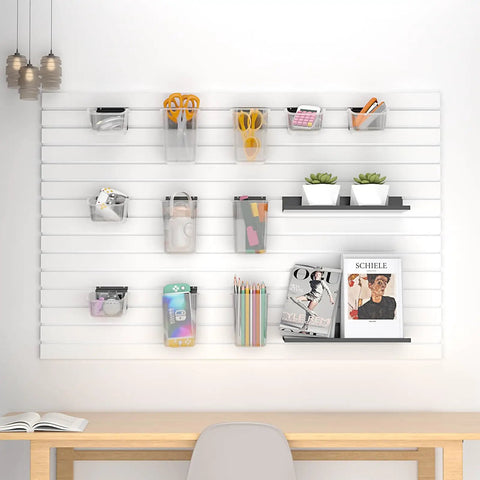 12 Pack Slatwall Storage Organizer Set With 6 Slatwall Boxes And 6 Cups, Transparent Containers With Metal Hooks, installed on wall.