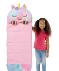 Girl holding Rainbow Unicorn 2-In-1 Pillow and Sleep Sack, Cozy Nap Buddy for Travel and Sleepovers, Lightweight 54x20