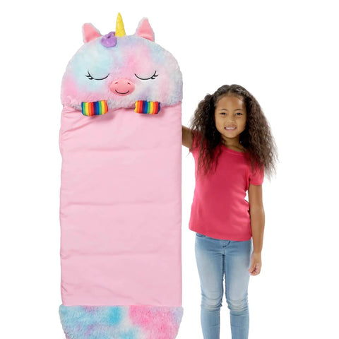 Girl holding Rainbow Unicorn 2-In-1 Pillow and Sleep Sack, Cozy Nap Buddy for Travel and Sleepovers, Lightweight 54x20