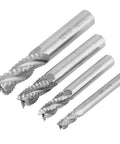 Front view of four HSS 4-flute roughing end mills set for CNC, various sizes.