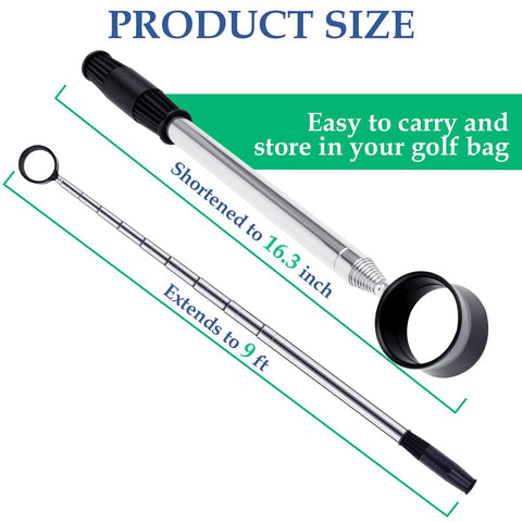 9Ft Telescopic Golf Ball Retriever With Stainless Steel Shaft Water Safe Ball Grabber showing extended and compact form