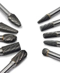 Heavy Duty One Quarter Inch Shank Carbide Burr Set Double Cut Tungsten Rotary Bits for Die Grinder Metal Grinding Woodworking 10 pcs