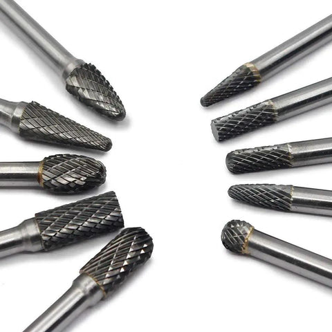 Heavy Duty One Quarter Inch Shank Carbide Burr Set Double Cut Tungsten Rotary Bits for Die Grinder Metal Grinding Woodworking 10 pcs