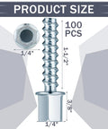 100 Piece Heavy Duty Zinc Steel Concrete Anchors, 3/8 Inch Threaded Rod With 1/4 Inch Diameter And 1-1/2 Inch Length, dimensions and details shown.