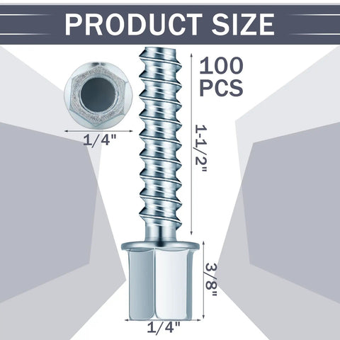 100 Piece Heavy Duty Zinc Steel Concrete Anchors, 3/8 Inch Threaded Rod With 1/4 Inch Diameter And 1-1/2 Inch Length, dimensions and details shown.