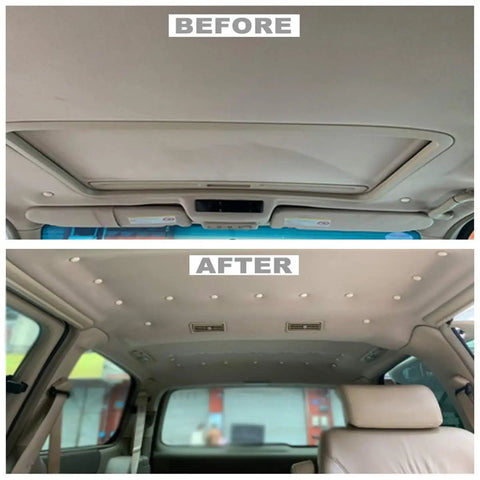 Before and after of car interior with 60 Piece Universal Car Roof Headliner Repair Kit With Installation Tool Includes Snap Rivets