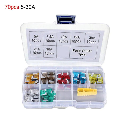 70 Piece Automotive Fuse Assortment Kit With Mixed 5 Amp 7.5 Amp 10 Amp 15 Amp 20 Amp 25 Amp And 30 Amp Blade Fuses in a box