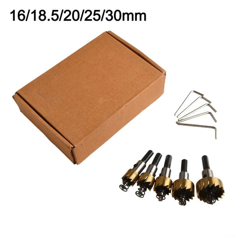 Top Notch 5 Piece Hole Saw Set With Pilot Bits For Stainless Steel Metal Aluminum Alloy Cutting Kits Gold HSS High Speed Steel Durable Tools, 16/18.5/20/25/30mm