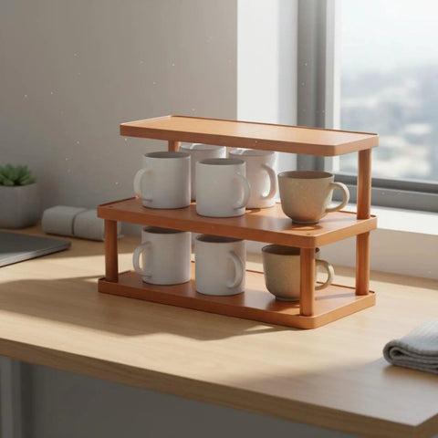 Clean 3 Tier Bamboo Cup Organizer Rack And Sharp Countertop Mug Stand For Coffee Bar Kitchen Office Storage Shelf With 6 Grid Wood Holder Setup Vibe displaying mugs on a wooden desktop
