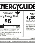 Energy guide label for Low Profile 360-Degree Bladeless Ceiling Fan with Light Kit, showing energy cost and 1,200 CFM airflow rating.