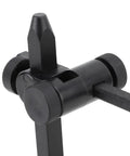 Detail of Adjustable Pour Over Coffee Brewer Stand With Double Tier Glass Carafe and Filter Cup Rack, black knobs and adjustment lever.