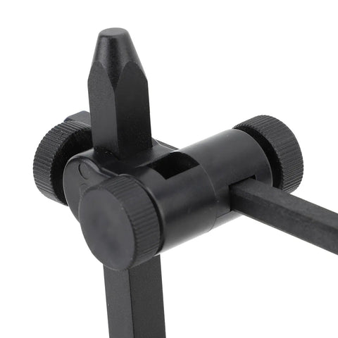 Detail of Adjustable Pour Over Coffee Brewer Stand With Double Tier Glass Carafe and Filter Cup Rack, black knobs and adjustment lever.