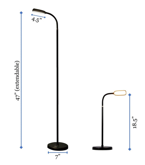 Rechargeable Type C FlexLamp 2 in 1 Desk and Floor Lamp with Adjustable Gooseneck showing height difference, dimensions labeled