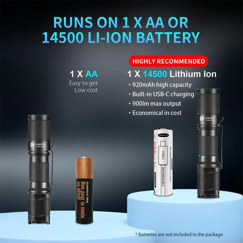 Tool AA Two Point Zero EDC Flashlight Like A Boss Pocket Sized Keychain Torch With 650 Lumens next to AA and 14500 battery