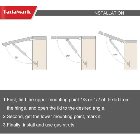 Installation guide for 20 Inch Gas Strut Lift Support 40Lb for RV Camper Motorhome Boat Doors Hatches Cabinets.
